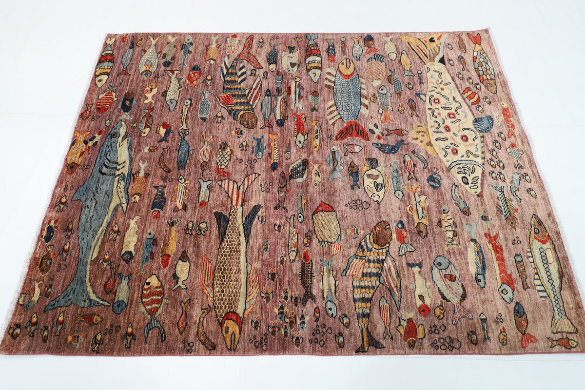 156 x 210 cm | Fish Design Hand Knotted Wool Afghan Carpet