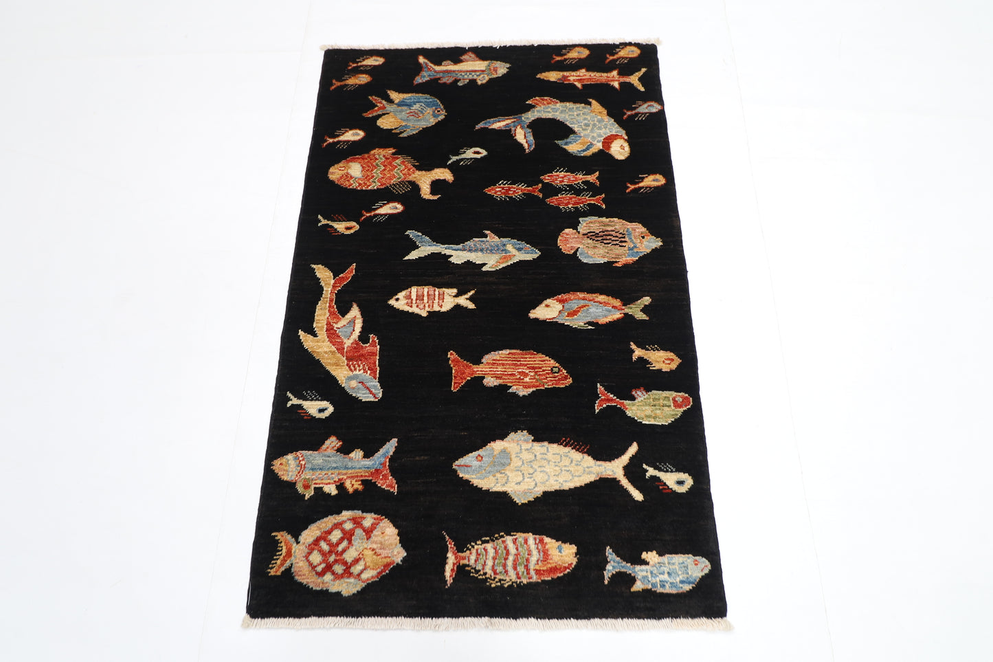 77 x 120 cm | Oriental Fish Black Accent Rug Afghan Hand Knotted Veg dye Wool carpet