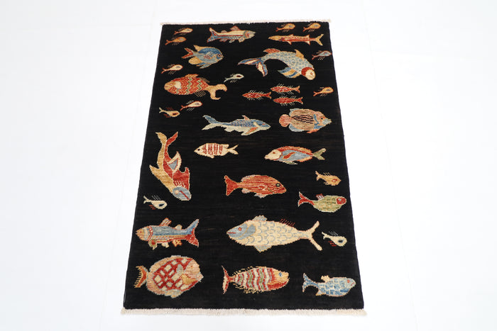 77 x 120 cm | Oriental Fish Black Accent Rug Afghan Hand Knotted Veg dye Wool carpet