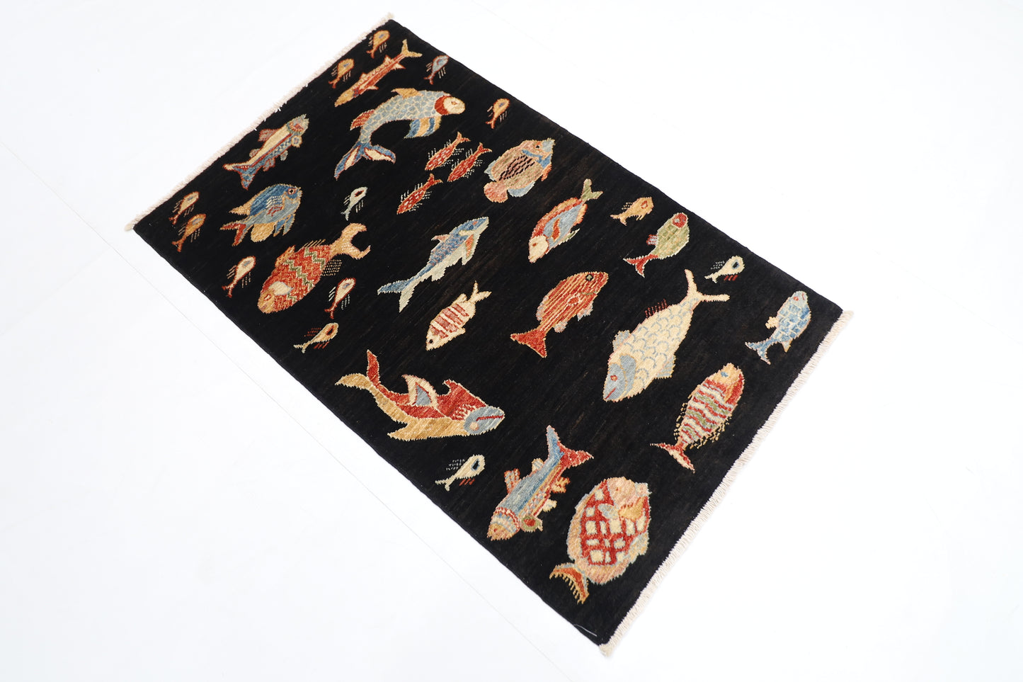 77 x 120 cm | Oriental Fish Black Accent Rug Afghan Hand Knotted Veg dye Wool carpet