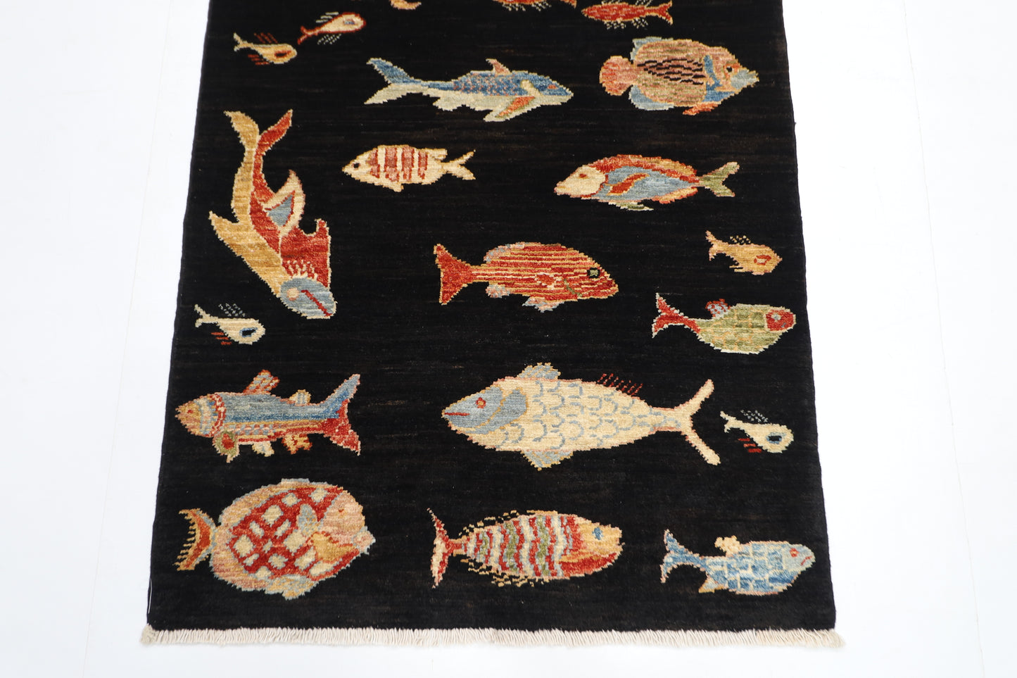 77 x 120 cm | Oriental Fish Black Accent Rug Afghan Hand Knotted Veg dye Wool carpet