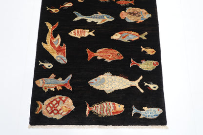 77 x 120 cm | Oriental Fish Black Accent Rug Afghan Hand Knotted Veg dye Wool carpet