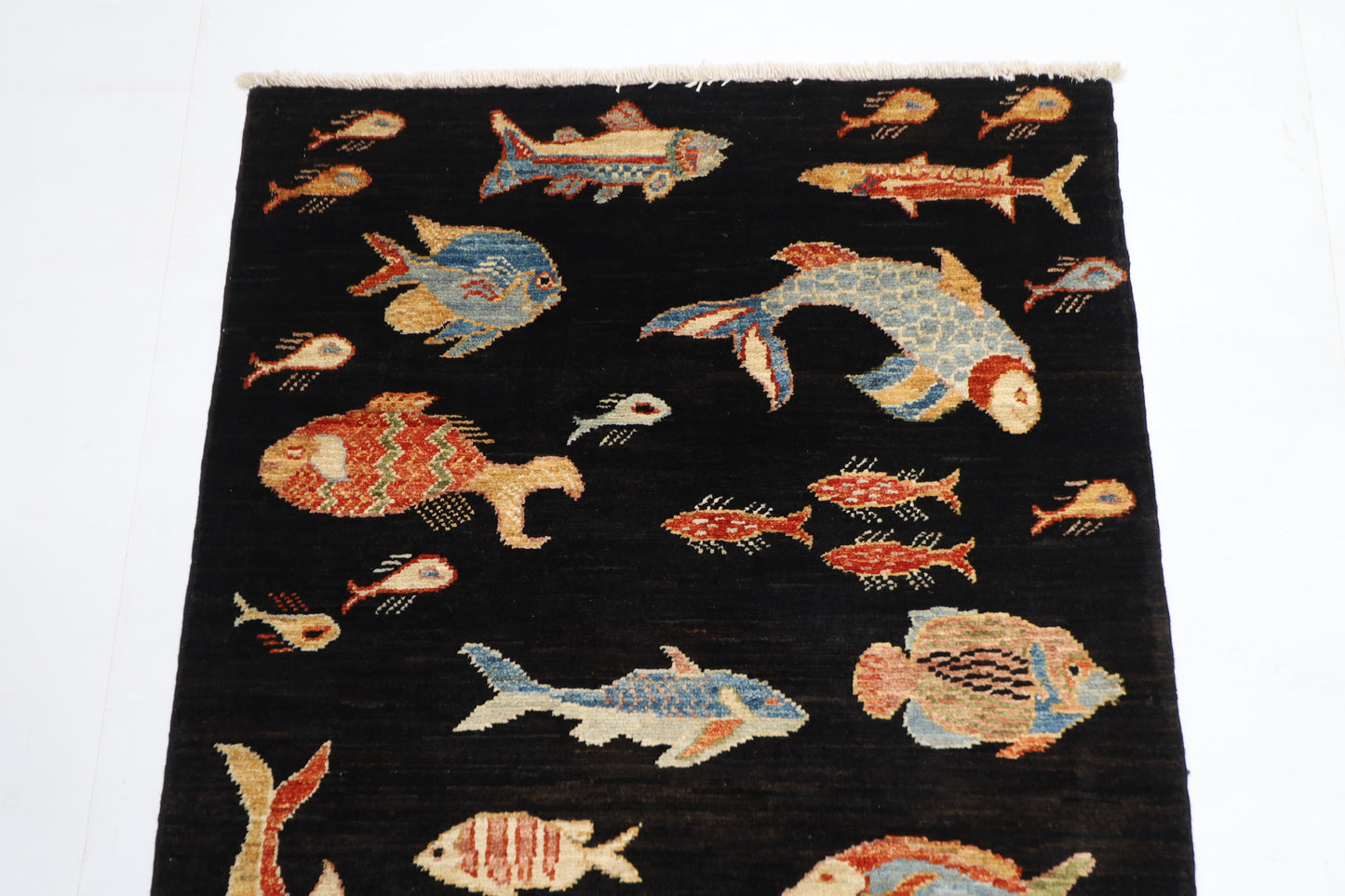 77 x 120 cm | Oriental Fish Black Accent Rug Afghan Hand Knotted Veg dye Wool carpet