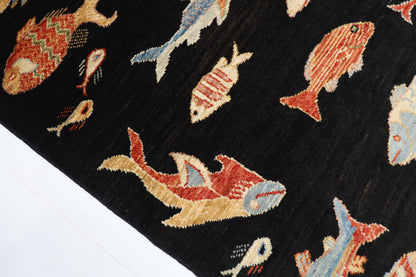 77 x 120 cm | Oriental Fish Black Accent Rug Afghan Hand Knotted Veg dye Wool carpet