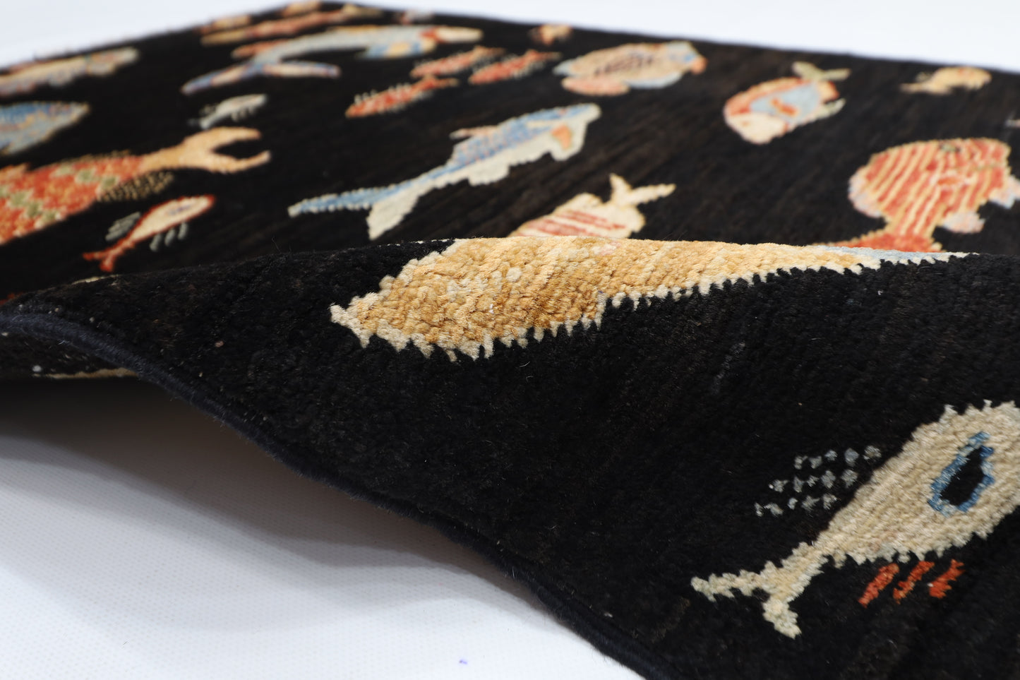 77 x 120 cm | Oriental Fish Black Accent Rug Afghan Hand Knotted Veg dye Wool carpet