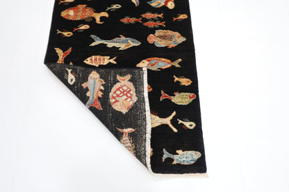 77 x 120 cm | Oriental Fish Black Accent Rug Afghan Hand Knotted Veg dye Wool carpet