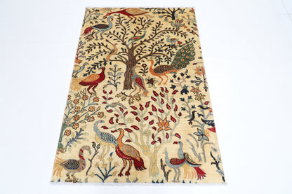 104 x 150 cm | Oriental Birds Beige Area Rug Afghan Hand Knotted Veg dye Wool carpet