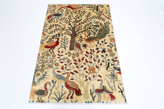104 x 150 cm | Oriental Birds Beige Area Rug Afghan Hand Knotted Veg dye Wool carpet
