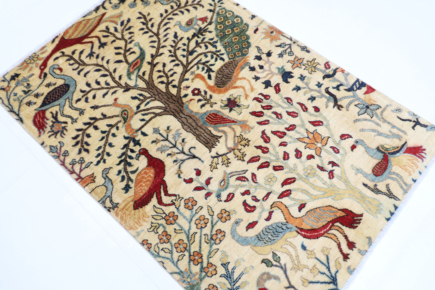 104 x 150 cm | Oriental Birds Beige Area Rug Afghan Hand Knotted Veg dye Wool carpet