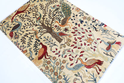 104 x 150 cm | Oriental Birds Beige Area Rug Afghan Hand Knotted Veg dye Wool carpet
