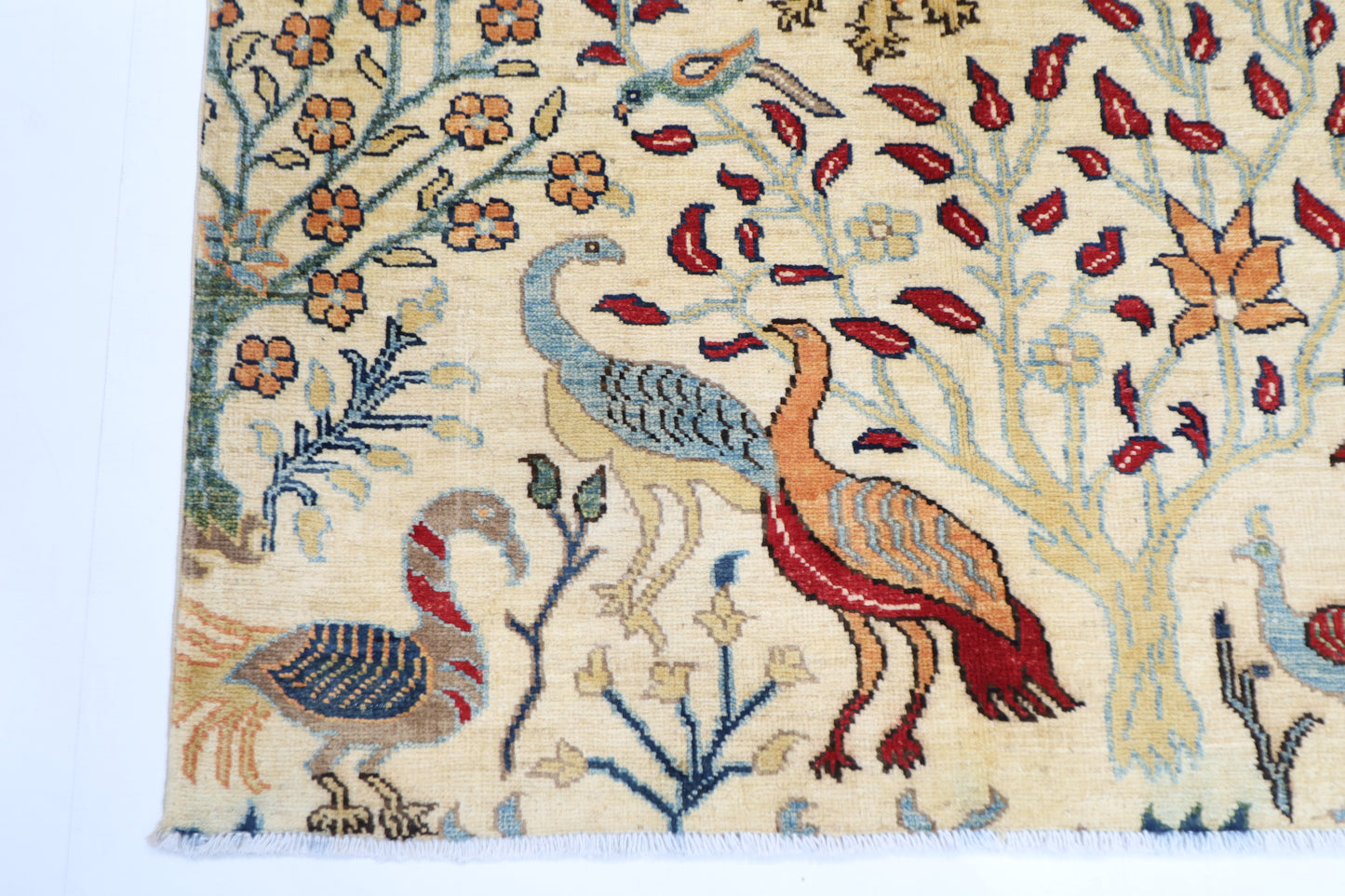 104 x 150 cm | Oriental Birds Beige Area Rug Afghan Hand Knotted Veg dye Wool carpet