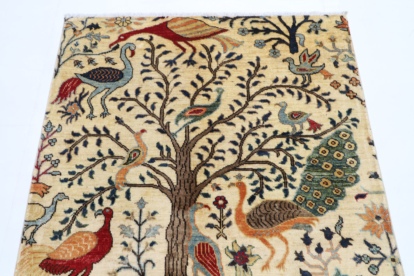 104 x 150 cm | Oriental Birds Beige Area Rug Afghan Hand Knotted Veg dye Wool carpet