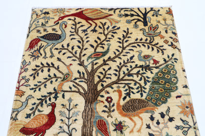 104 x 150 cm | Oriental Birds Beige Area Rug Afghan Hand Knotted Veg dye Wool carpet