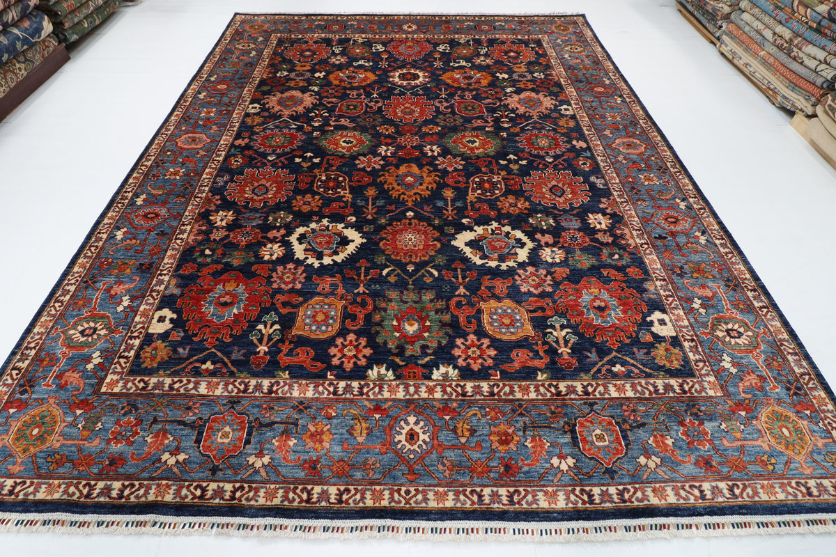 277 x 357 cm | Serapi Blue Design Hand Knotted Wool Afghan Carpet