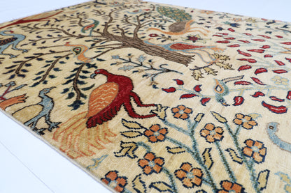 104 x 150 cm | Oriental Birds Beige Area Rug Afghan Hand Knotted Veg dye Wool carpet