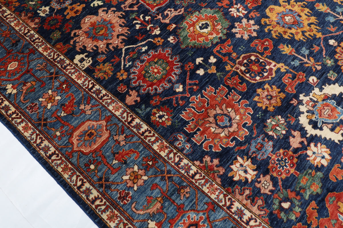 277 x 357 cm | Serapi Blue Design Hand Knotted Wool Afghan Carpet