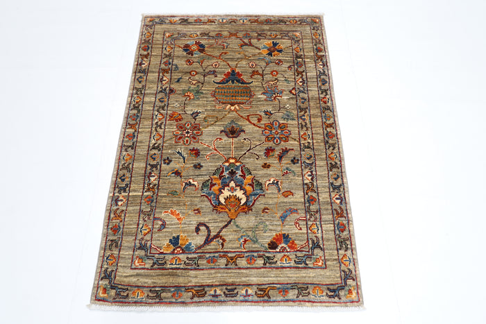 87 x 124 cm | Oriental Floral Gray Area Rug Afghan Hand Knotted Veg dye Wool carpet