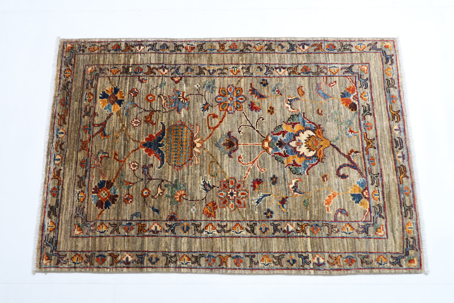 87 x 124 cm | Oriental Floral Gray Area Rug Afghan Hand Knotted Veg dye Wool carpet