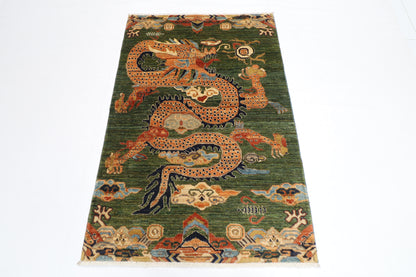 100 x 152 cm | Oriental Dargon Green Area Rug Afghan Hand Knotted Veg dye Wool carpet