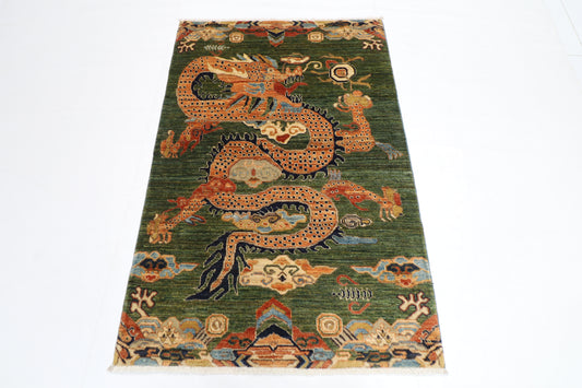 100 x 152 cm | Oriental Dargon Green Area Rug Afghan Hand Knotted Veg dye Wool carpet