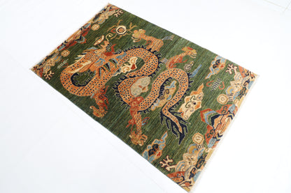 100 x 152 cm | Oriental Dargon Green Area Rug Afghan Hand Knotted Veg dye Wool carpet