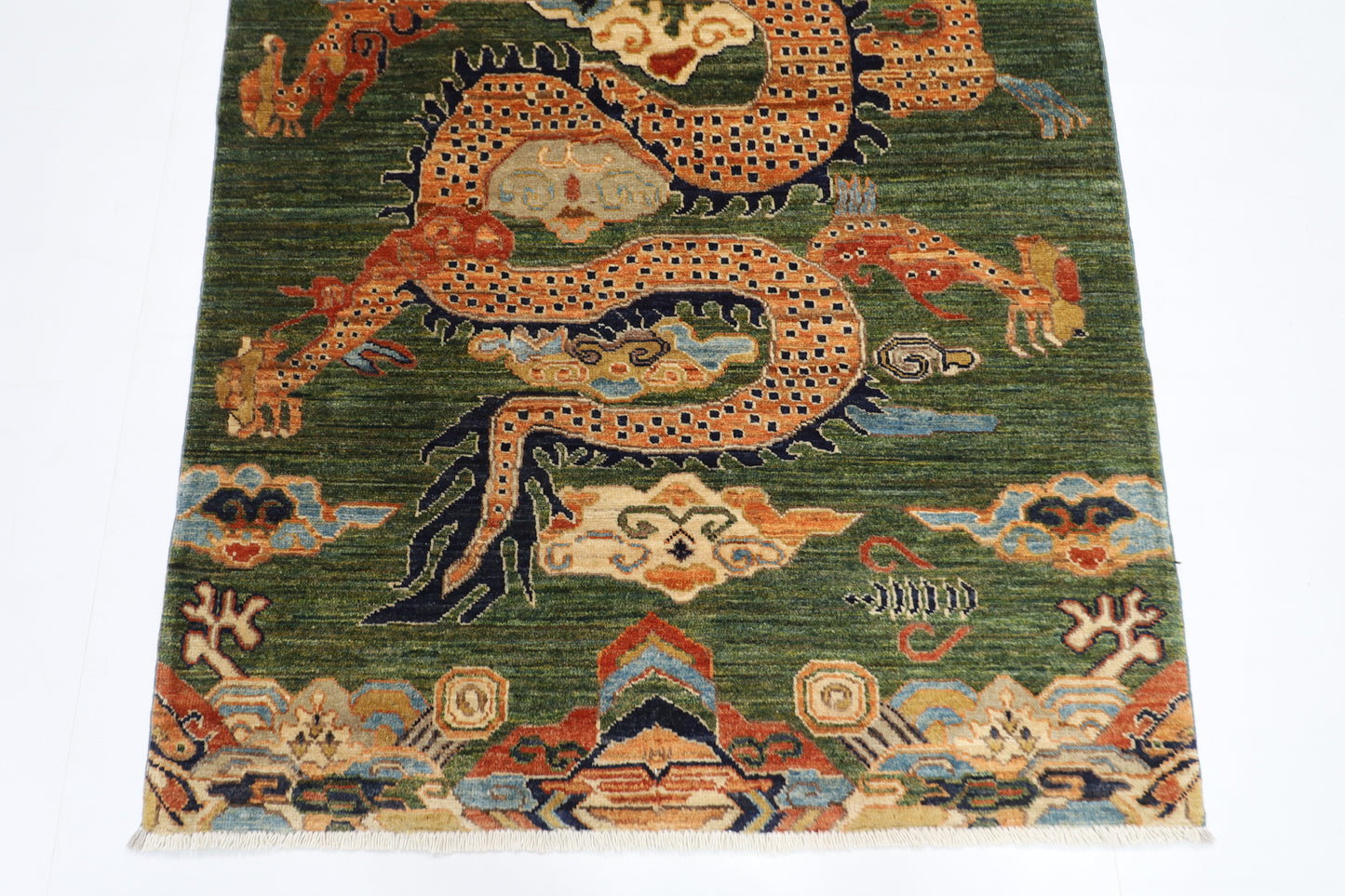 100 x 152 cm | Oriental Dargon Green Area Rug Afghan Hand Knotted Veg dye Wool carpet