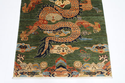 100 x 152 cm | Oriental Dargon Green Area Rug Afghan Hand Knotted Veg dye Wool carpet