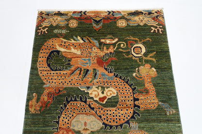 100 x 152 cm | Oriental Dargon Green Area Rug Afghan Hand Knotted Veg dye Wool carpet