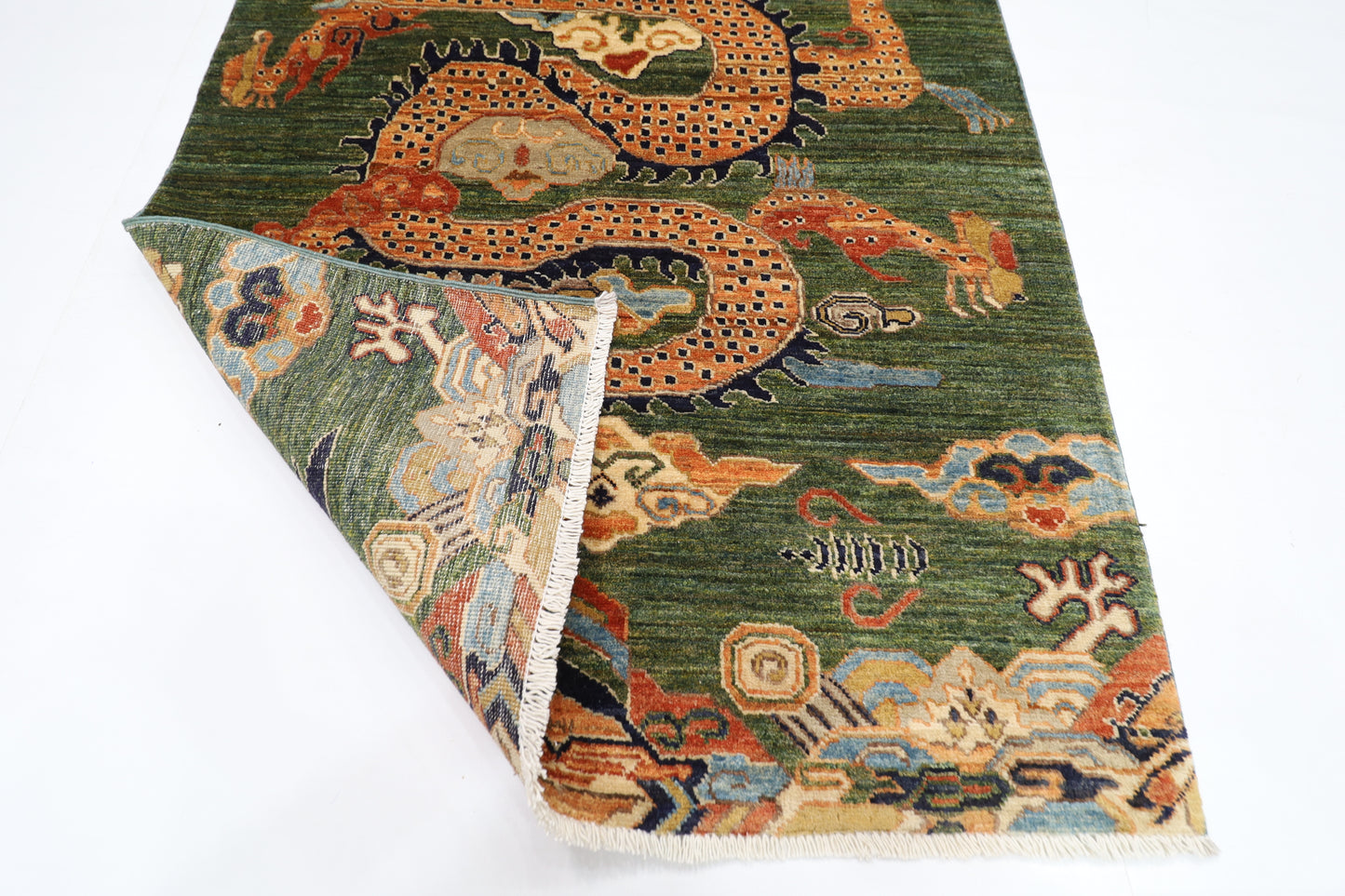100 x 152 cm | Oriental Dargon Green Area Rug Afghan Hand Knotted Veg dye Wool carpet