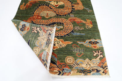 100 x 152 cm | Oriental Dargon Green Area Rug Afghan Hand Knotted Veg dye Wool carpet