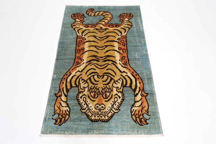 92 x 142 cm | Oriental Tiger Gray Area Rug Afghan Hand Knotted Veg dye Wool carpet