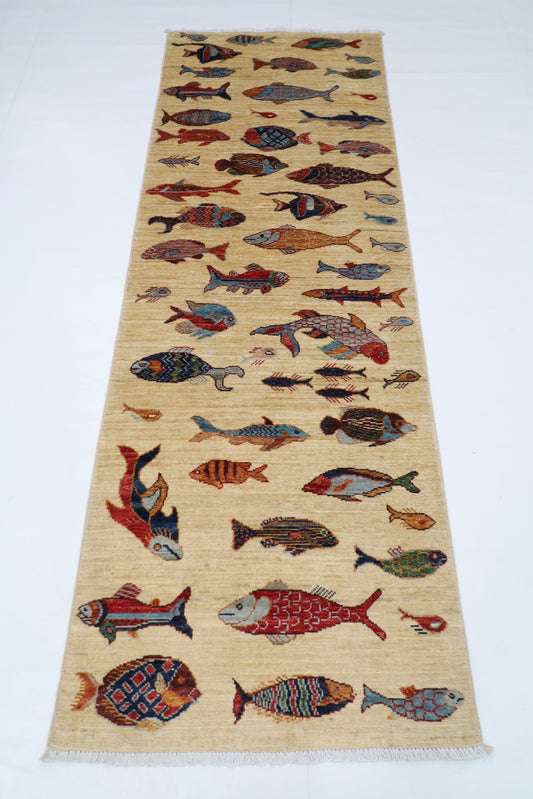 83 x 236 cm | Fish Party Afghan Tribal Hand Knotted Veg Dye Wool Runner