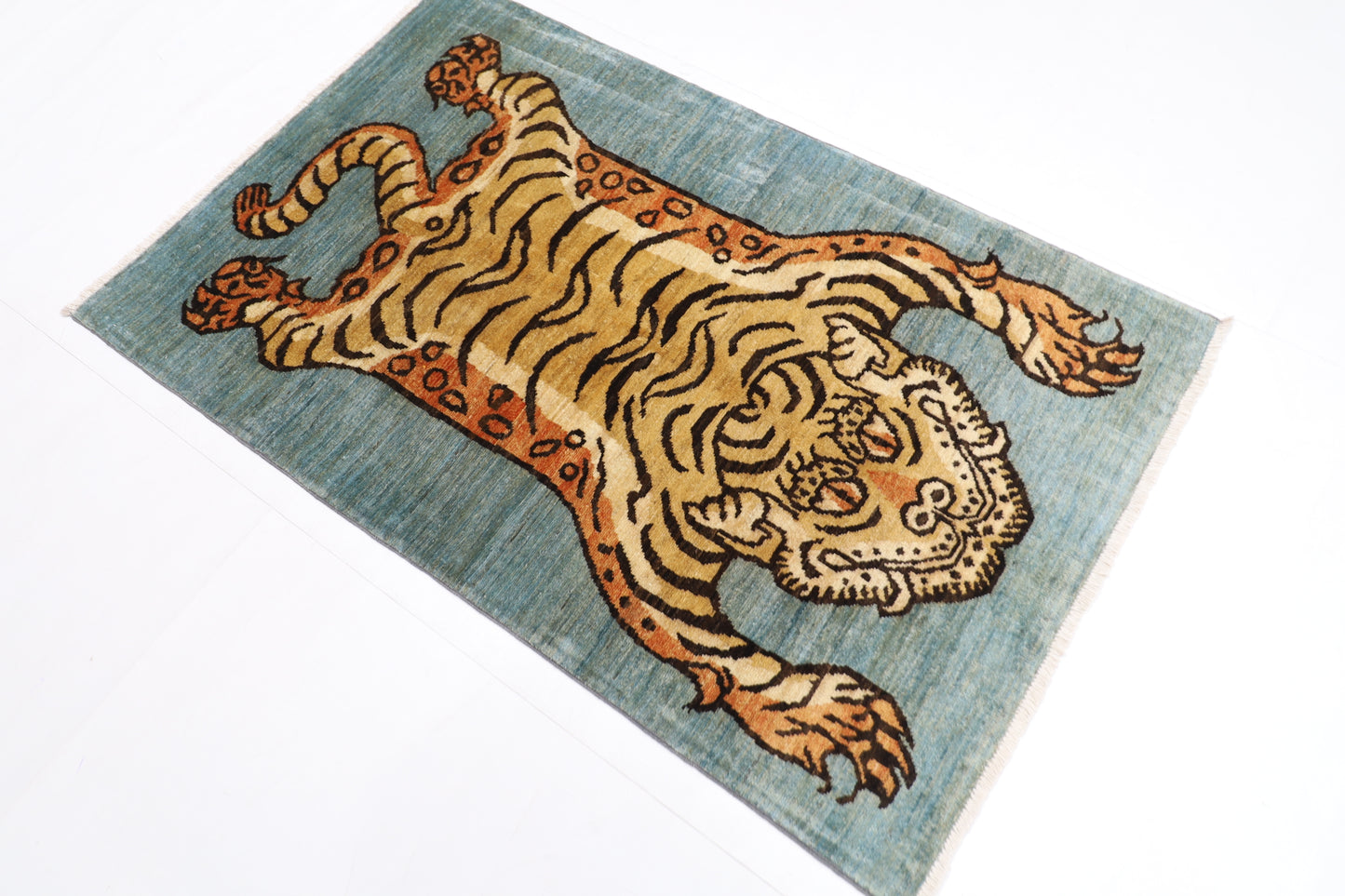 92 x 142 cm | Oriental Tiger Gray Area Rug Afghan Hand Knotted Veg dye Wool carpet