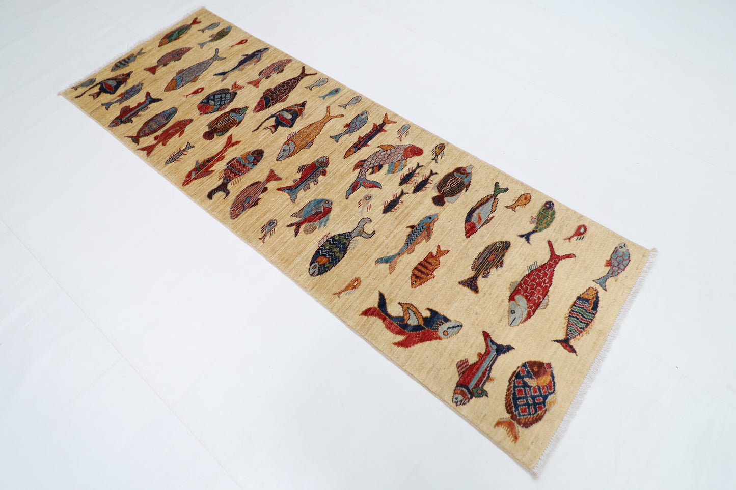 83 x 236 cm | Fish Party Afghan Tribal Hand Knotted Veg Dye Wool Runner