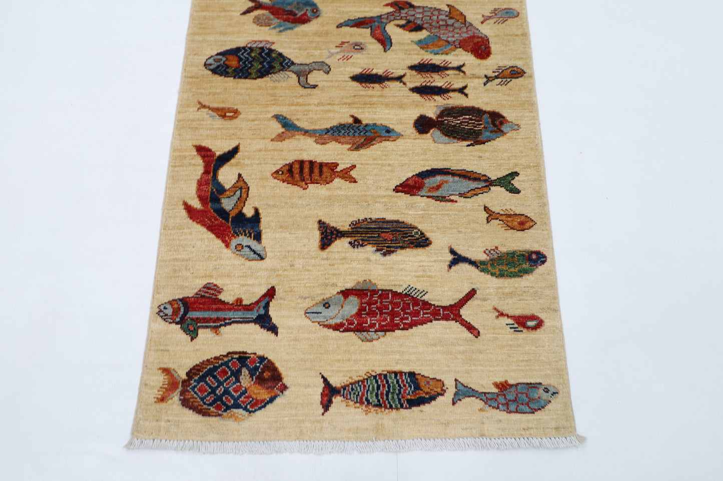 83 x 236 cm | Fish Party Afghan Tribal Hand Knotted Veg Dye Wool Runner