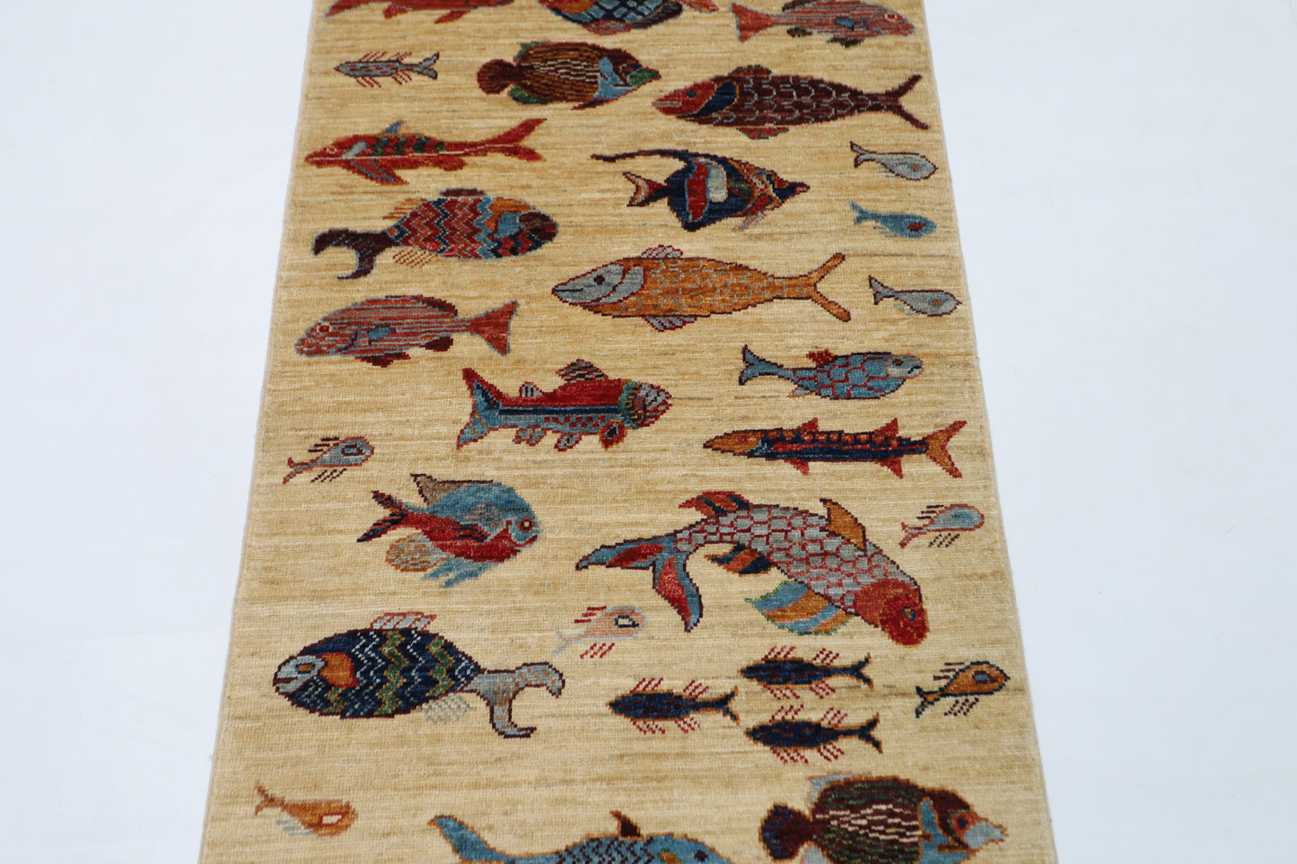 83 x 236 cm | Fish Party Afghan Tribal Hand Knotted Veg Dye Wool Runner