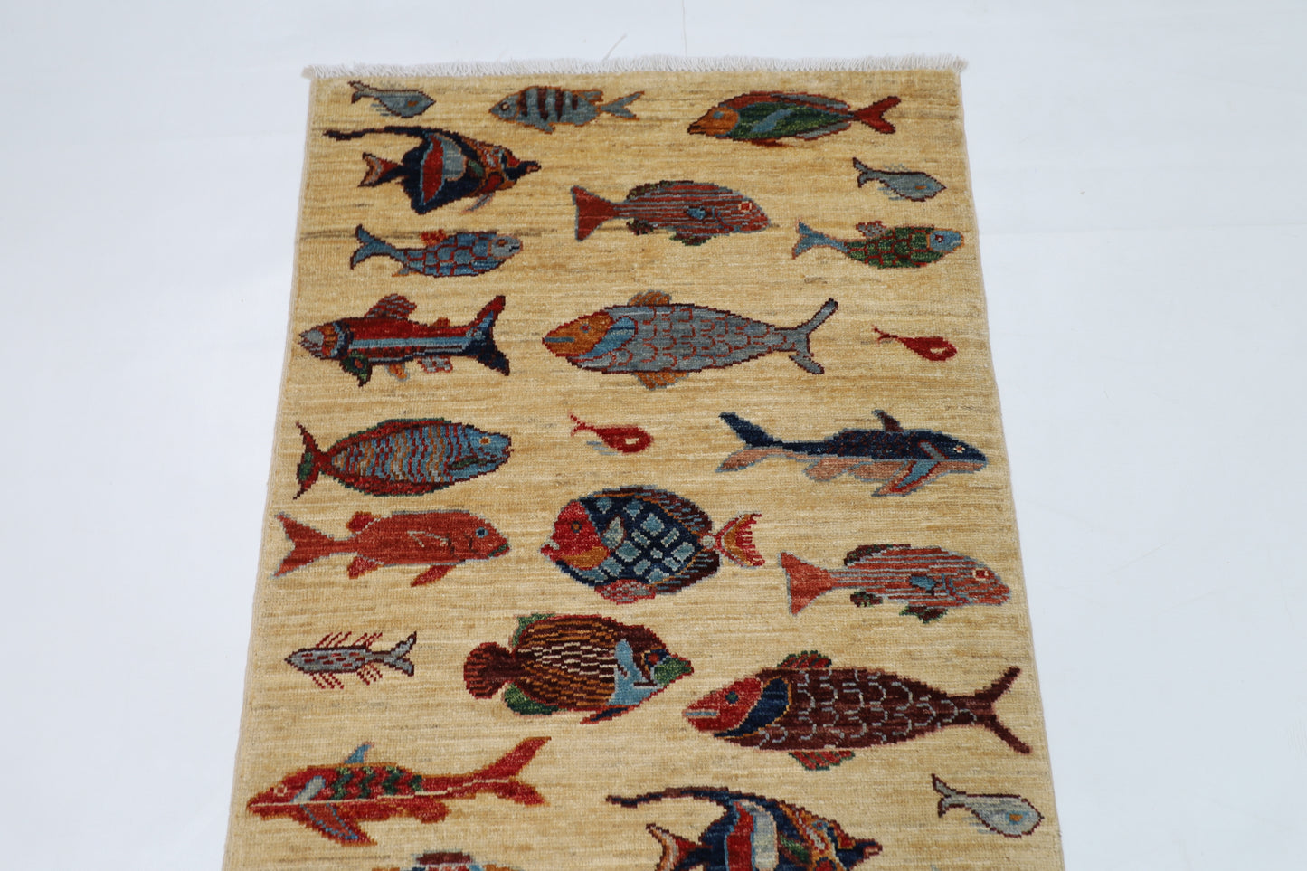 83 x 236 cm | Fish Party Afghan Tribal Hand Knotted Veg Dye Wool Runner