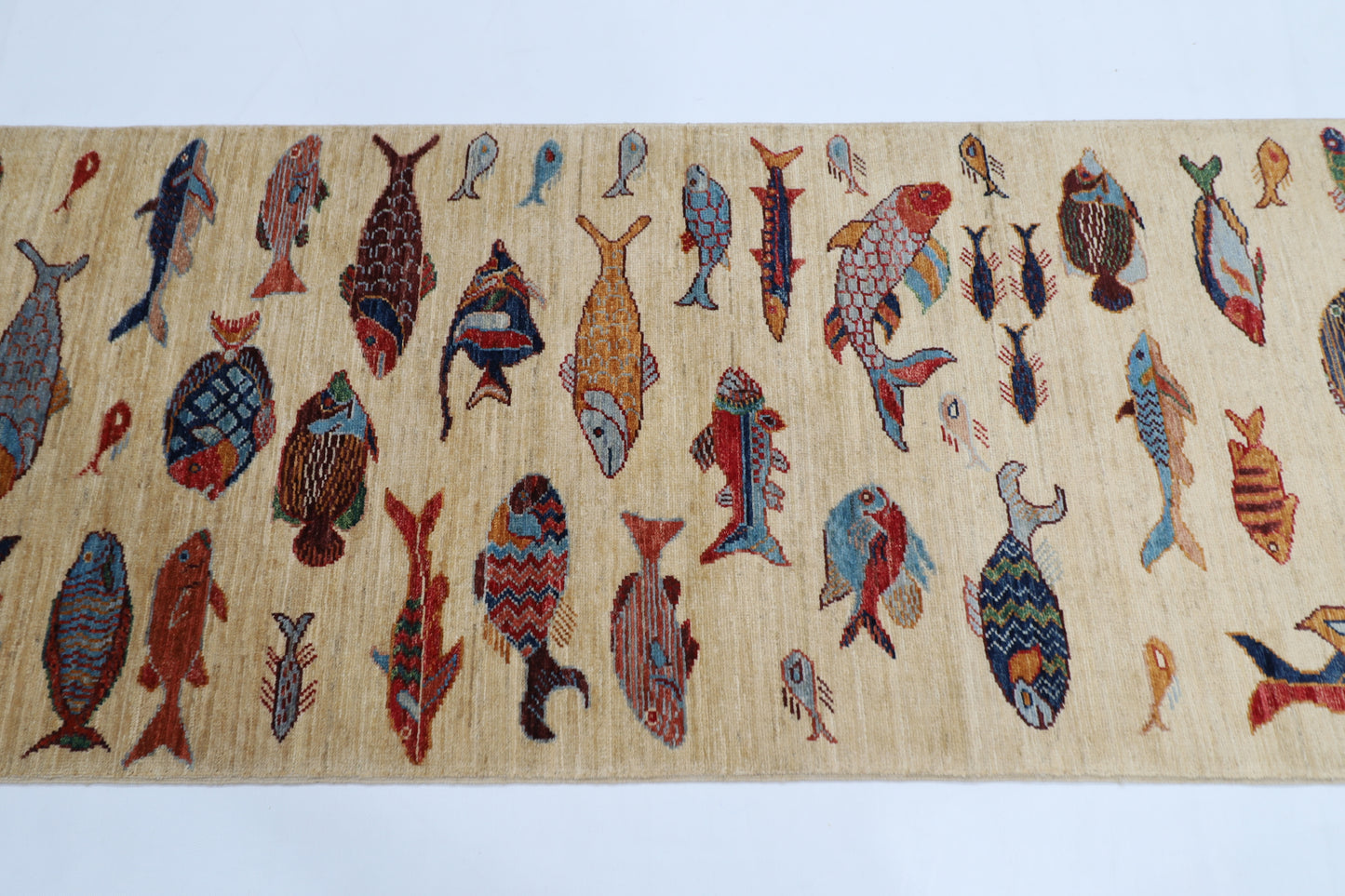 83 x 236 cm | Fish Party Afghan Tribal Hand Knotted Veg Dye Wool Runner