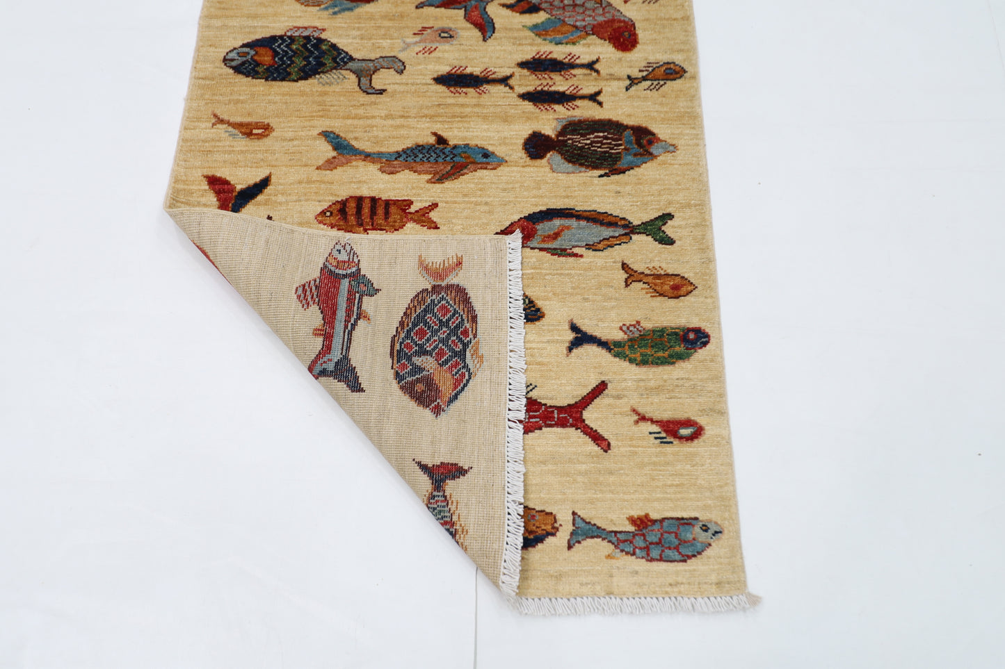 83 x 236 cm | Fish Party Afghan Tribal Hand Knotted Veg Dye Wool Runner