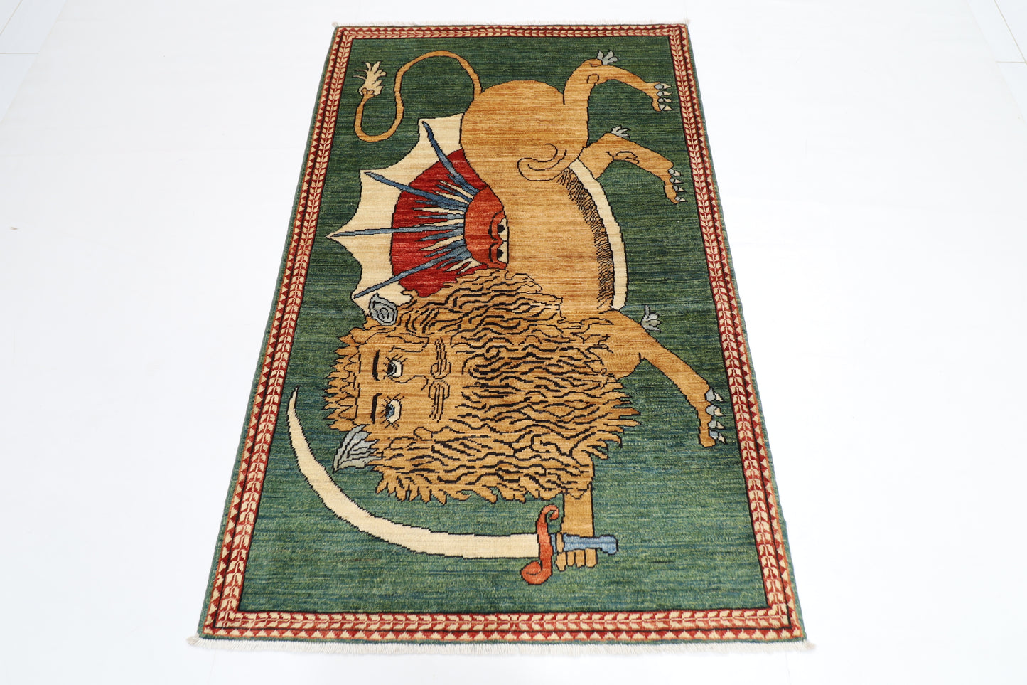106 x 165 cm | Oriental Lion Green Area Rug Afghan Hand Knotted Veg dye Wool carpet