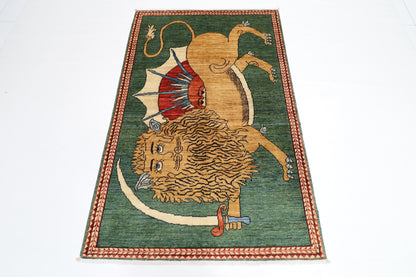 106 x 165 cm | Oriental Lion Green Area Rug Afghan Hand Knotted Veg dye Wool carpet
