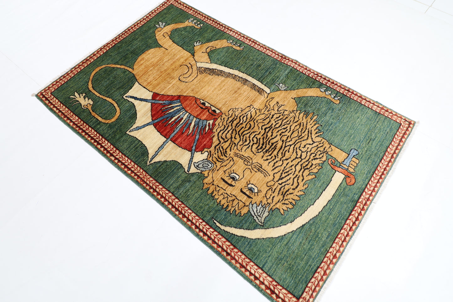 106 x 165 cm | Oriental Lion Green Area Rug Afghan Hand Knotted Veg dye Wool carpet