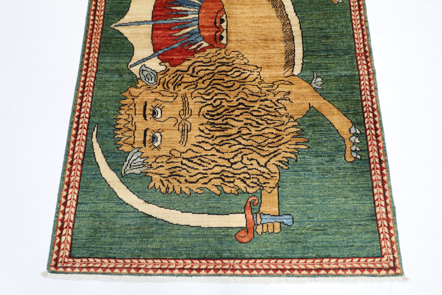 106 x 165 cm | Oriental Lion Green Area Rug Afghan Hand Knotted Veg dye Wool carpet