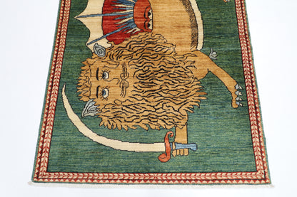 106 x 165 cm | Oriental Lion Green Area Rug Afghan Hand Knotted Veg dye Wool carpet