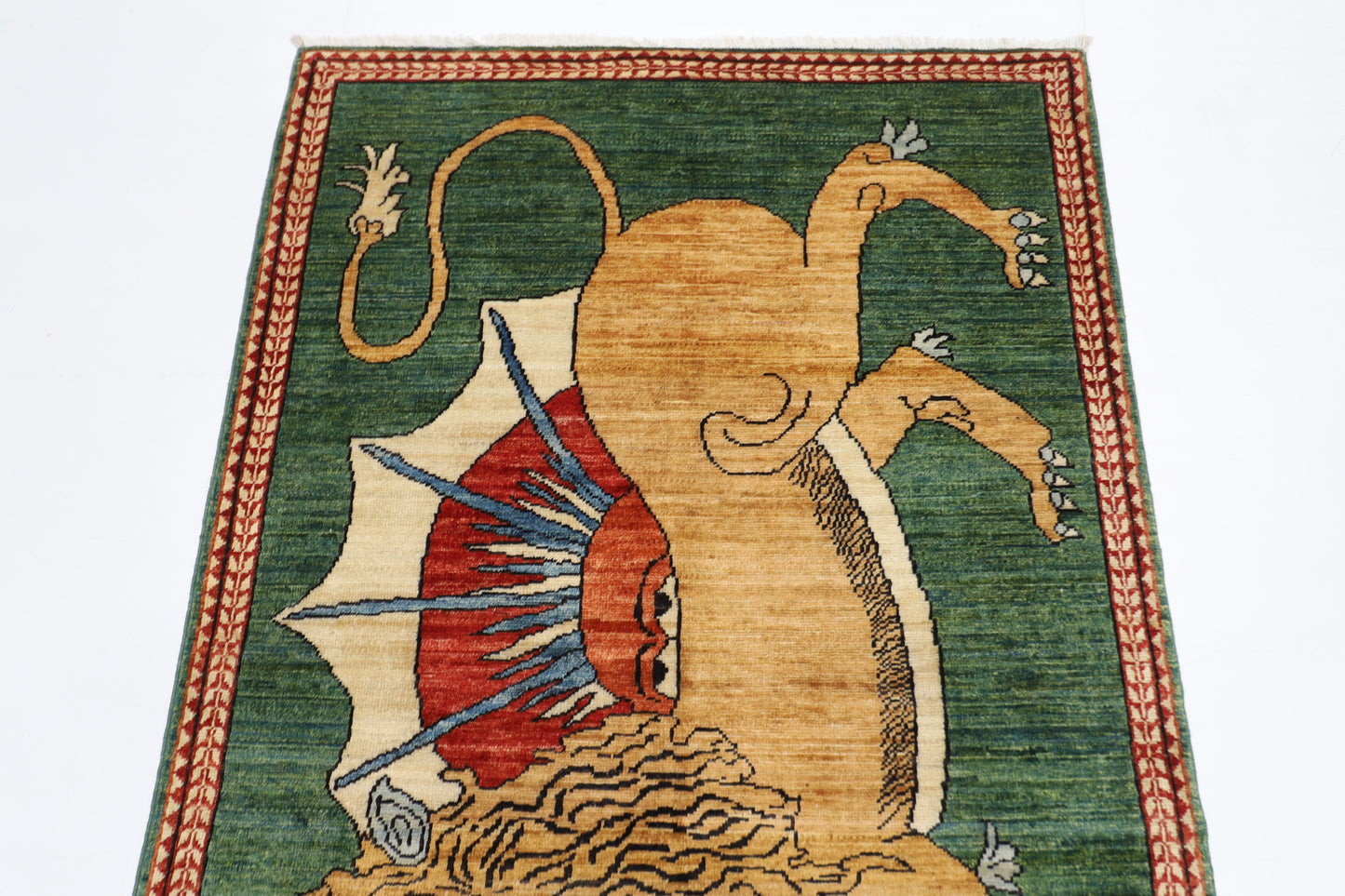 106 x 165 cm | Oriental Lion Green Area Rug Afghan Hand Knotted Veg dye Wool carpet