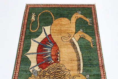 106 x 165 cm | Oriental Lion Green Area Rug Afghan Hand Knotted Veg dye Wool carpet