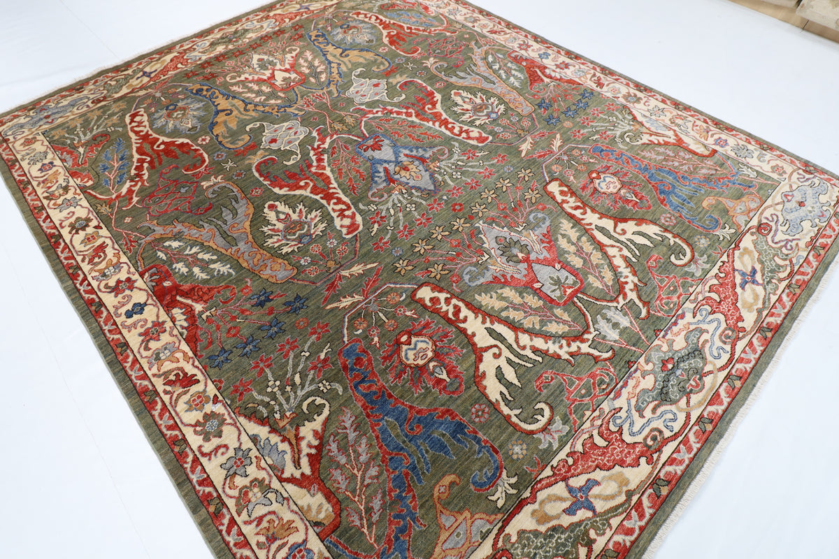 248 x 299 cm | Kawros Green Design Hand Knotted Wool Afghan Carpet