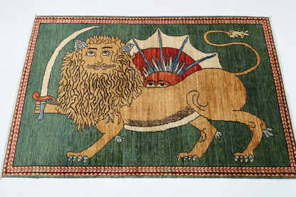 106 x 165 cm | Oriental Lion Green Area Rug Afghan Hand Knotted Veg dye Wool carpet