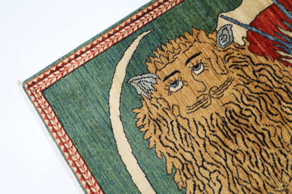 106 x 165 cm | Oriental Lion Green Area Rug Afghan Hand Knotted Veg dye Wool carpet