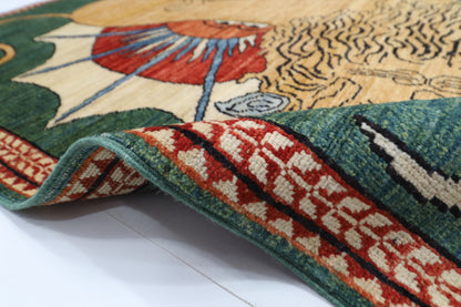 106 x 165 cm | Oriental Lion Green Area Rug Afghan Hand Knotted Veg dye Wool carpet